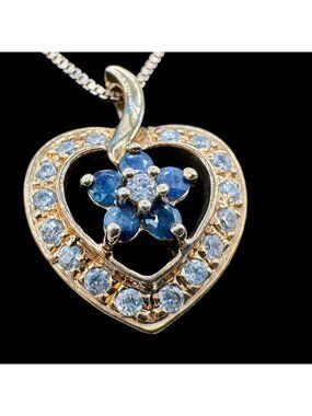 Sapphire Heart Pendant Sterling Vermeil Box Chain Necklace 18" 925 5g Coquette
